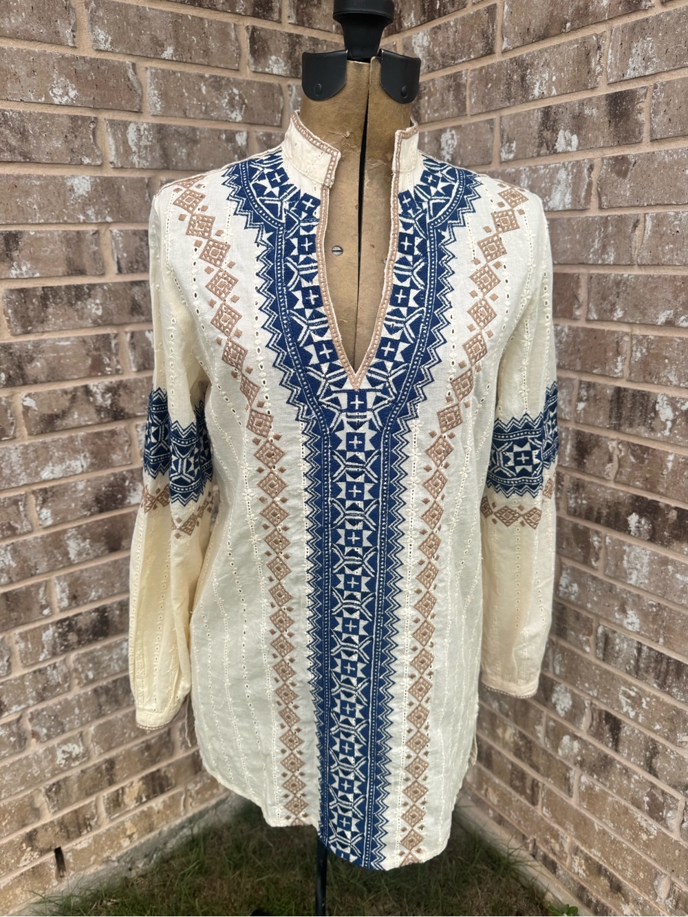Double D Ranch Cream Blouse with Navy & Tan Embroidery